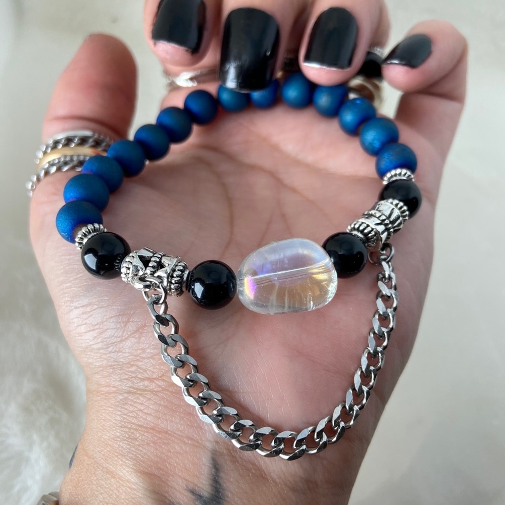 Aura crystal + blue druzy quartz & onyx + chain - Picture 2 of 12